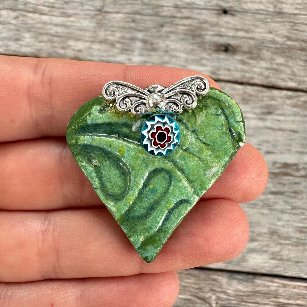 Vintage Jewelry Artisan Designed Green ceramic  Heart brooch pin